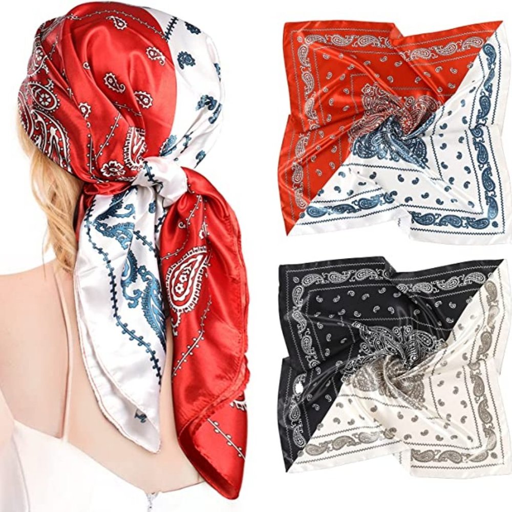 35” Large Satin Square Head Scarf Silk Like Floral Head Scarves Square 2 Pcs